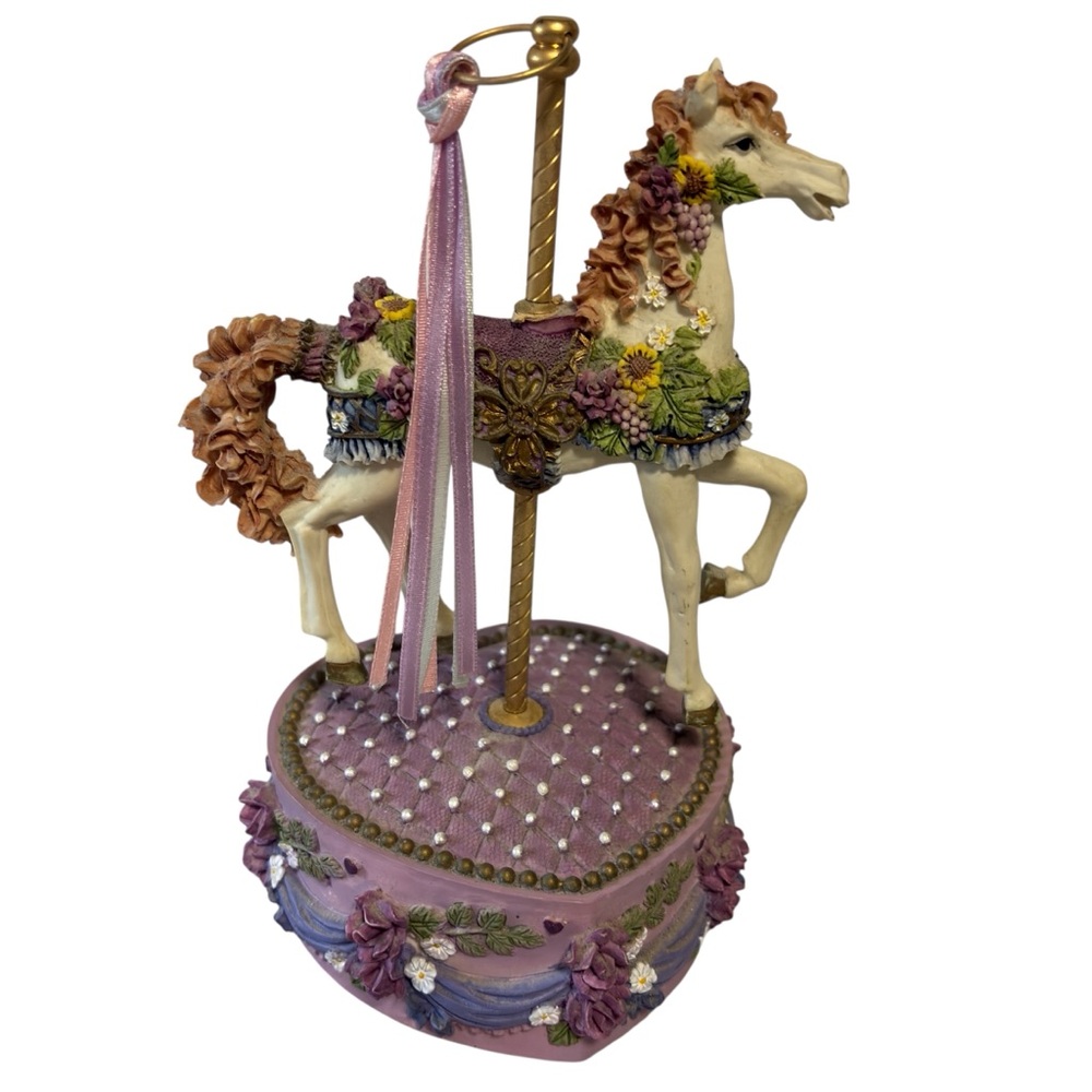VTG Fairycore carousel horse embellished with flowers on purple heart base